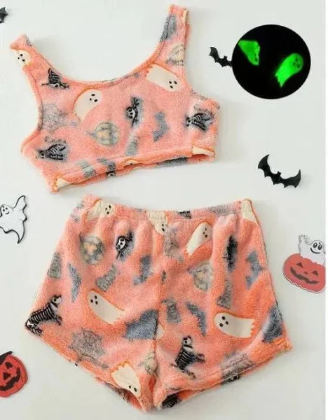 Women Halloween Pajamas - Luminous Flannel Sleepwear for Cozy Nights - Luminous Orange / L