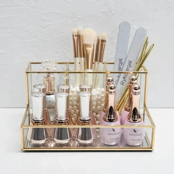 Luxury Brass Vanity Glass Makeup Organizer for Elegant Storage - copper - Makeup Organizer
