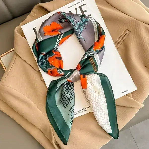 Luxury Design Print Silk Square Scarf Women Soft Satin Neckerchief - W-4-Green / 70x70cm