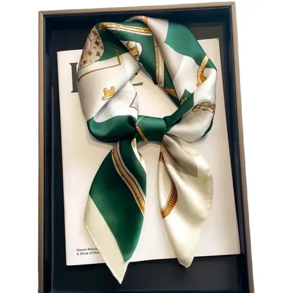 Luxury Design Print Silk Square Scarf Women Soft Satin Neckerchief - W-74-1-Green / 70x70cm