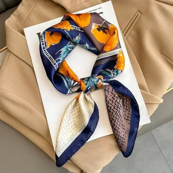 Luxury Design Print Silk Square Scarf Women Soft Satin Neckerchief - W-93-1-Navy / 70x70cm