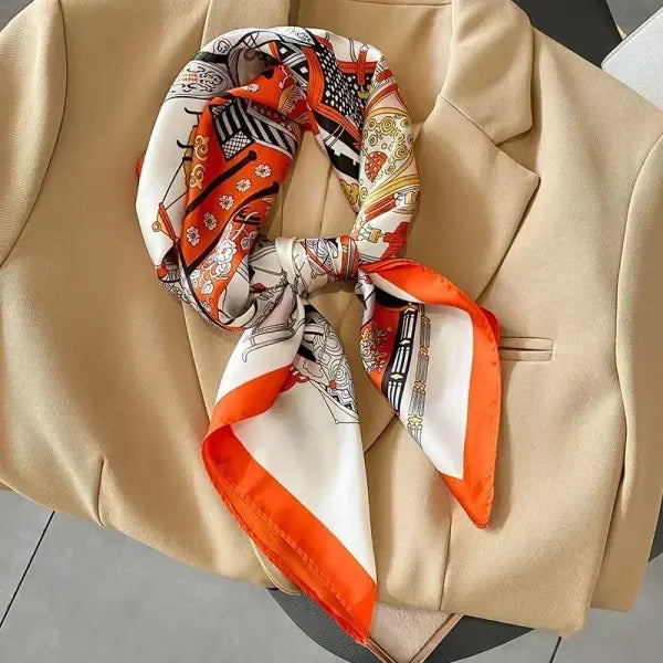 Luxury Design Print Silk Square Scarf Women Soft Satin Neckerchief - W-81-Orange / 70x70cm