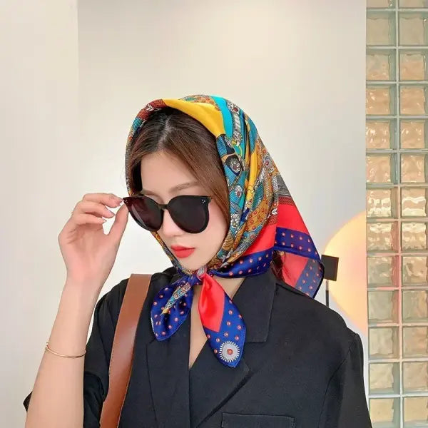 Luxury Design Print Silk Square Scarf Women Soft Satin Neckerchief - W-117-Khaki / 70x70cm
