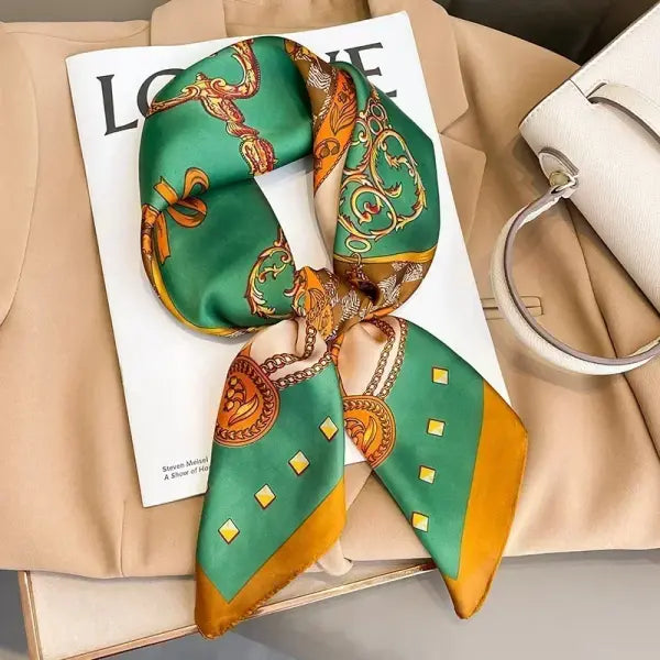 Luxury Design Print Silk Square Scarf Women Soft Satin Neckerchief - W-159-1-Green / 70x70cm