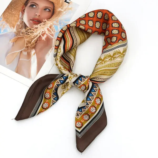 Luxury Design Print Silk Square Scarf Women Soft Satin Neckerchief - W-211-1-Coffee / 70x70cm