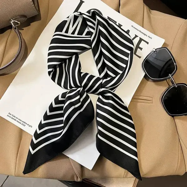 Luxury Design Print Silk Square Scarf Women Soft Satin Neckerchief - W-208-1-Black / 70x70cm