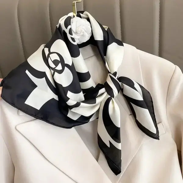Luxury Design Print Silk Square Scarf Women Soft Satin Neckerchief - W-153-1-Black / 70x70cm