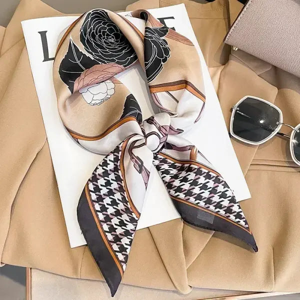Luxury Design Print Silk Square Scarf Women Soft Satin Neckerchief - W-168-1-Coffee / 70x70cm