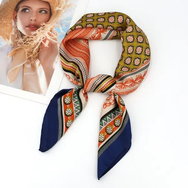 Luxury Design Print Silk Square Scarf Women Soft Satin Neckerchief - W-155-1-Green / 70x70cm