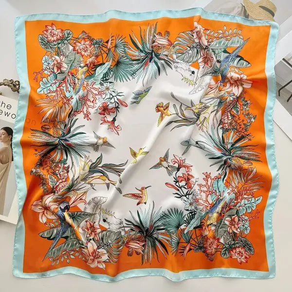 Luxury Design Print Silk Square Scarf Women Soft Satin Neckerchief - W-188-1-Coffee / 70x70cm