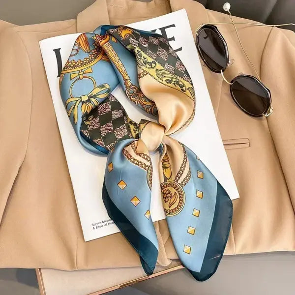 Luxury Design Print Silk Square Scarf Women Soft Satin Neckerchief - W-159-1-Blue / 70x70cm