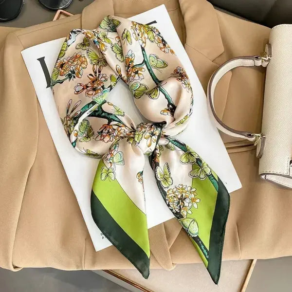 Luxury Design Print Silk Square Scarf Women Soft Satin Neckerchief - W-120-1-Beige / 70x70cm