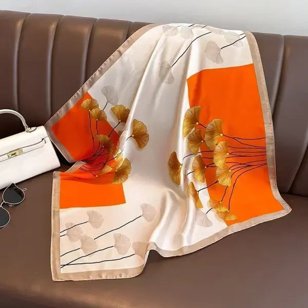 Luxury Design Print Silk Square Scarf Women Soft Satin Neckerchief - W-81-1-Orange / 70x70cm