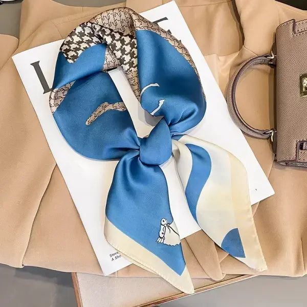 Luxury Design Print Silk Square Scarf Women Soft Satin Neckerchief - W-189-4-Blue / 70x70cm