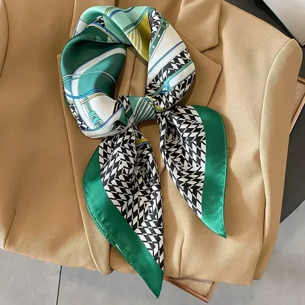 Luxury Design Print Silk Square Scarf Women Soft Satin Neckerchief - W-81-4-Green / 70x70cm