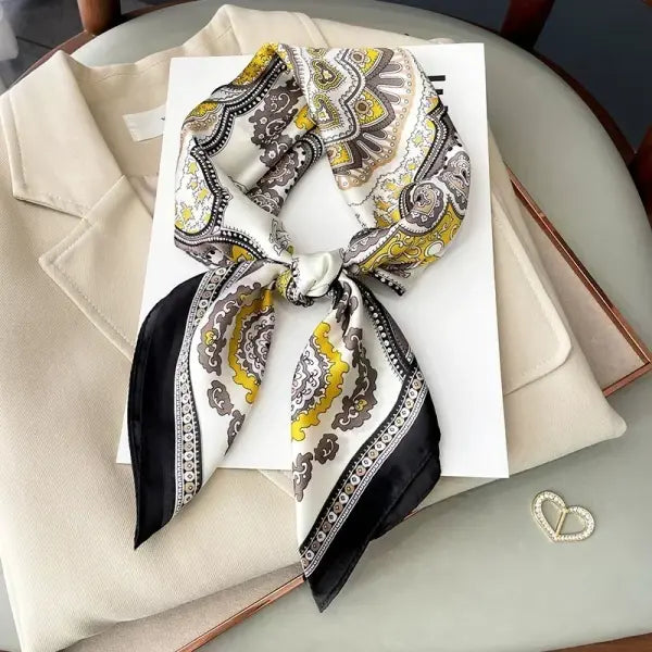 Luxury Design Print Silk Square Scarf Women Soft Satin Neckerchief - W-33-1-Black / 70x70cm