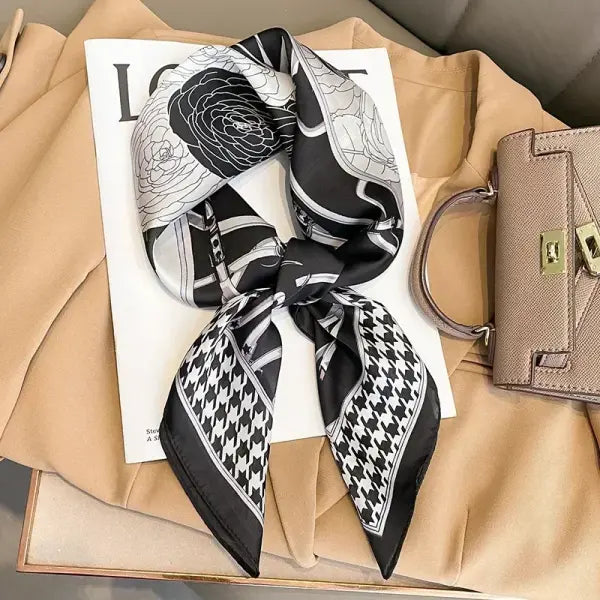 Luxury Design Print Silk Square Scarf Women Soft Satin Neckerchief - W-168-1-Black / 70x70cm