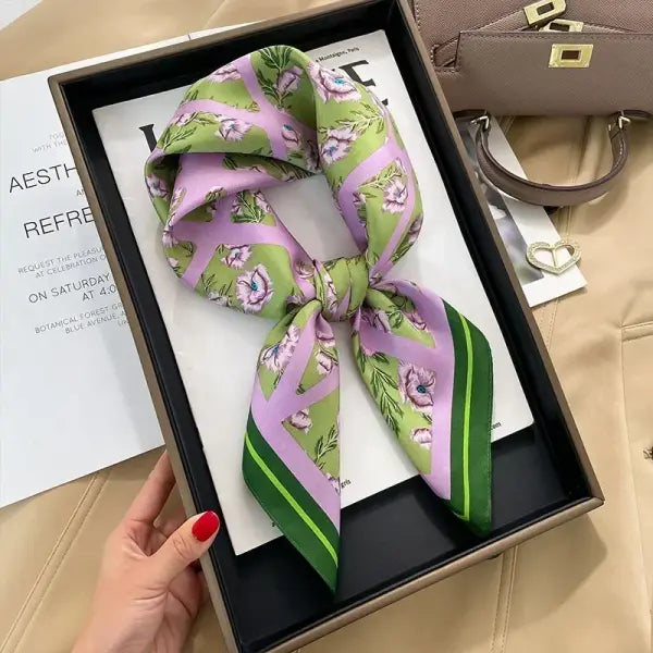 Luxury Design Print Silk Square Scarf Women Soft Satin Neckerchief - W-117-Green / 70x70cm