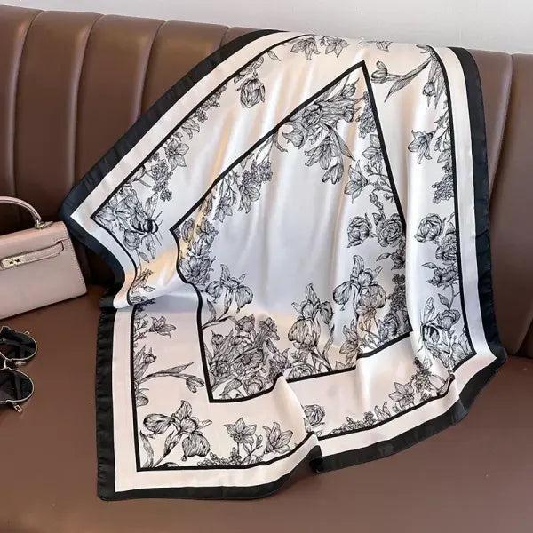 Luxury Design Print Silk Square Scarf Women Soft Satin Neckerchief - W-94-1-Beige / 70x70cm