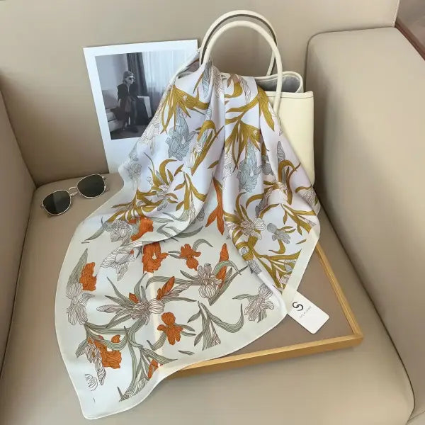 Luxury Design Print Silk Square Scarf Women Soft Satin Neckerchief - W-109-1-Orange / 70x70cm