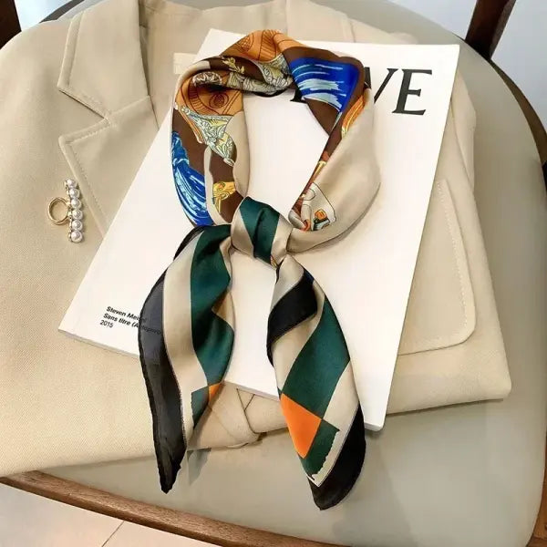 Luxury Design Print Silk Square Scarf Women Soft Satin Neckerchief - W-48-1-Beige / 70x70cm