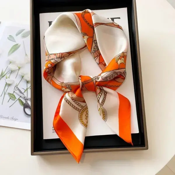Luxury Design Print Silk Square Scarf Women Soft Satin Neckerchief - W-188-1-Orange / 70x70cm