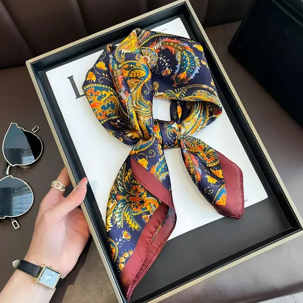 Luxury Design Print Silk Square Scarf Women Soft Satin Neckerchief - W-139-2-Black / 70x70cm