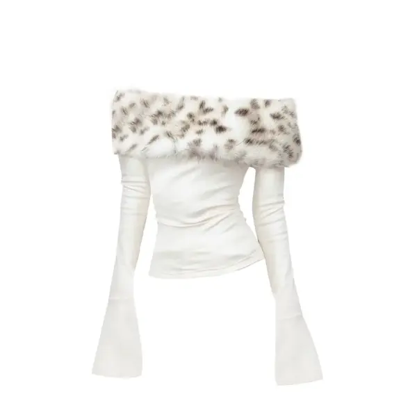Y2K Faux Fur Trim Graphic Tee - Off-Shoulder Long Sleeve Vintage 2000s Top for Women - Beige / XS