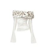 Y2K Faux Fur Trim Graphic Tee - Off-Shoulder Long Sleeve Vintage 2000s Top for Women - Beige / XS