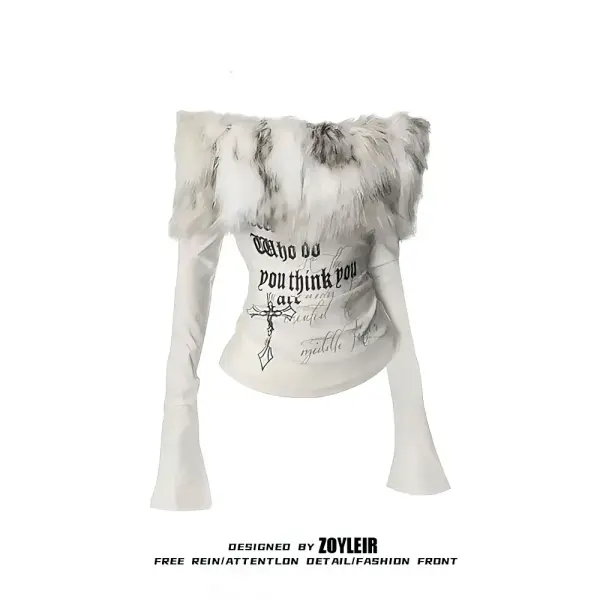 Y2K Faux Fur Trim Graphic Tee - Off-Shoulder Long Sleeve Vintage 2000s Top for Women - WHITE / XS