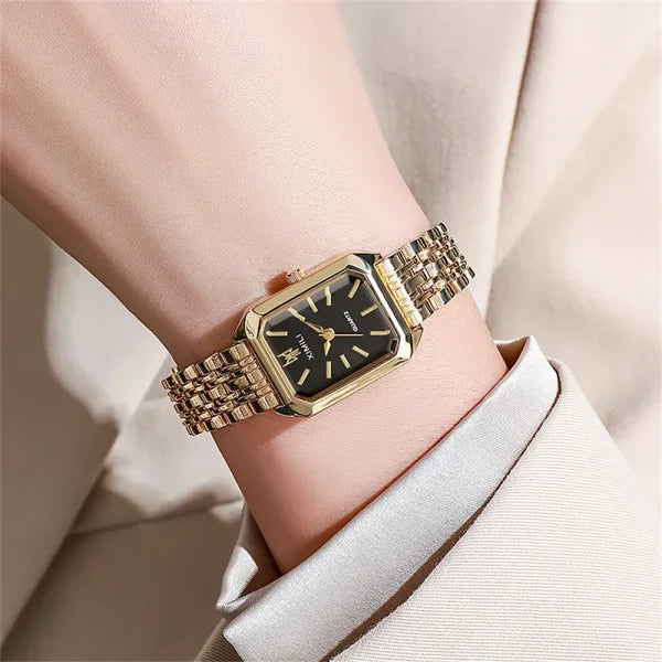 Luxury Ladies Fashion Quartz Watch – Simple Square Design Gold Plated Stainless Steel - black