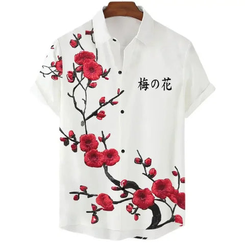 Luxury Men’s Cherry Blossom Shirt – Casual Japanese Lapel Top