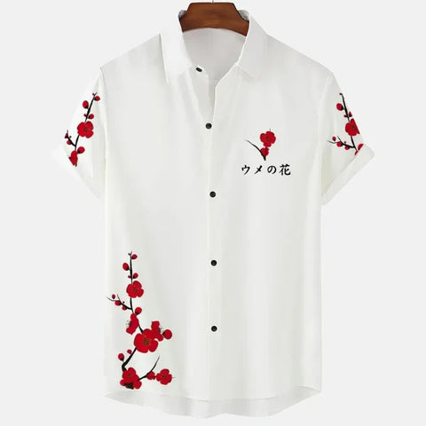 Luxury Men’s Cherry Blossom Shirt – Casual Japanese Lapel Top