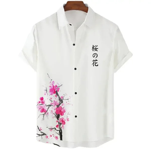 Luxury Men’s Cherry Blossom Shirt – Casual Japanese Lapel Top