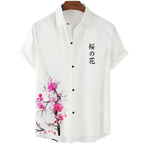 Luxury Men’s Cherry Blossom Shirt – Casual Japanese Lapel Top
