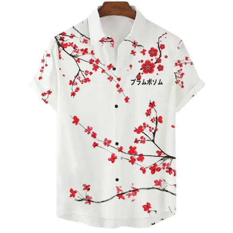 Luxury Men’s Cherry Blossom Shirt – Casual Japanese Lapel Top
