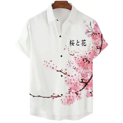 Luxury Men’s Cherry Blossom Shirt – Casual Japanese Lapel Top - CS2024TGBA4363 / 4XL