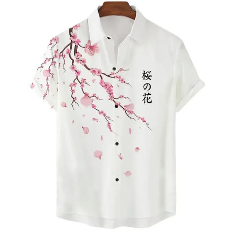 Luxury Men’s Cherry Blossom Shirt – Casual Japanese Lapel Top