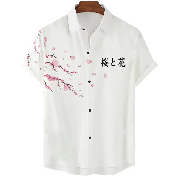 Luxury Men’s Cherry Blossom Shirt – Casual Japanese Lapel Top