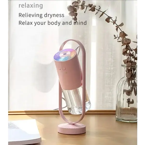 Pink Magic Shadow USB air humidifier with curved design, LED night light, and projection