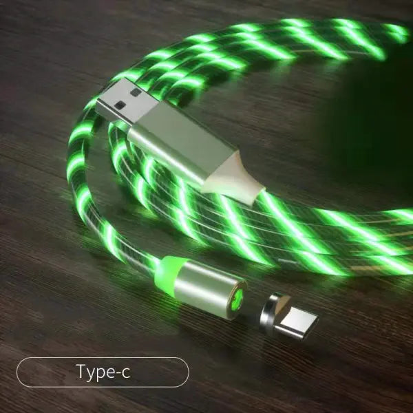Magnetic Charging Cable Streamer Fast Charging Cable Lighting Micro USB Cable LED Magnet Charger Type-C Cable - Green