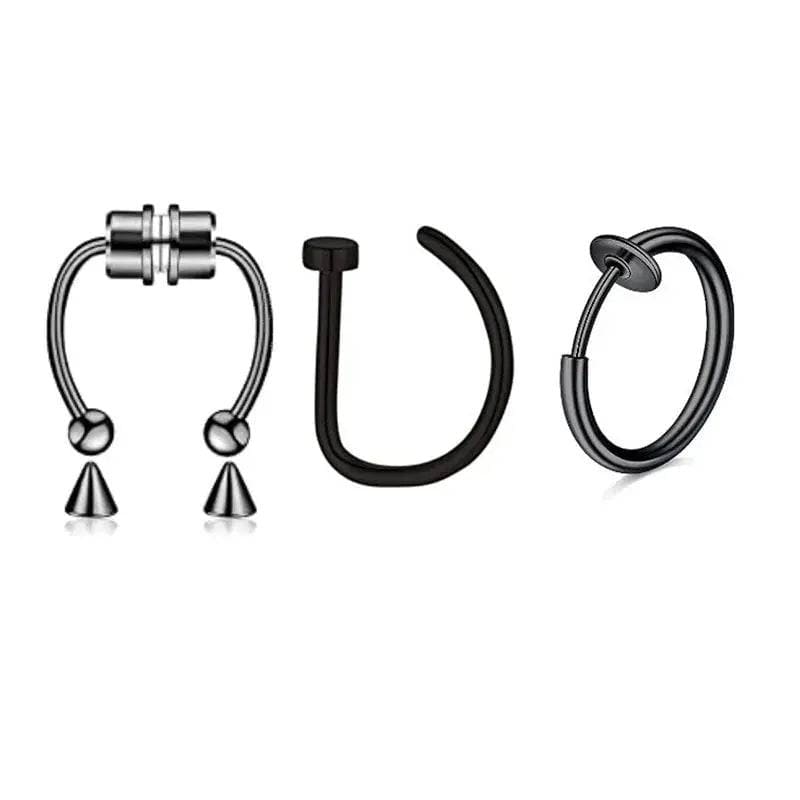 Magnetic Septum Nose Rings - 3Pcs Stainless Steel Clip-On Hoops - G7-3Pcs-Black