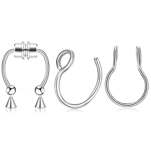 Magnetic Septum Nose Rings - 3Pcs Stainless Steel Clip-On Hoops - A1-3Pcs-Silvery