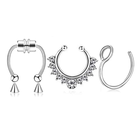 Magnetic Septum Nose Rings - 3Pcs Stainless Steel Clip-On Hoops - F6-3Pcs-Silvery