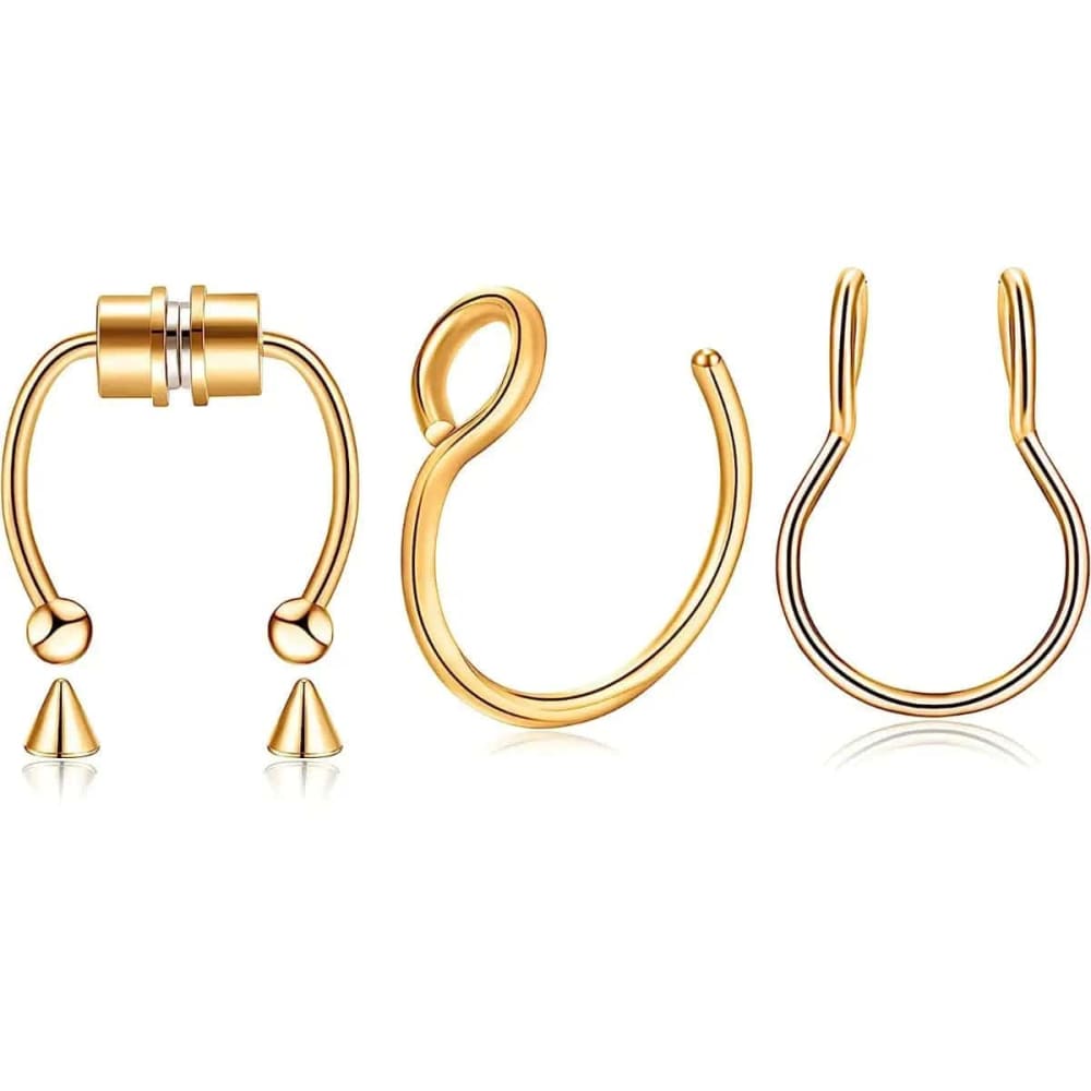 Magnetic Septum Nose Rings - 3Pcs Stainless Steel Clip-On Hoops - B2-3Pcs-Golden