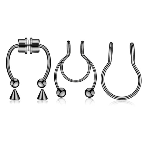 Magnetic Septum Nose Rings - 3Pcs Stainless Steel Clip-On Hoops - C3-3Pcs-Black