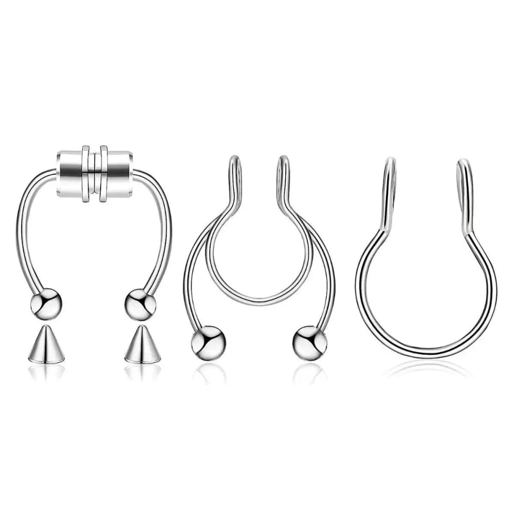 Magnetic Septum Nose Rings - 3Pcs Stainless Steel Clip-On Hoops - D4-3Pcs-Silvery