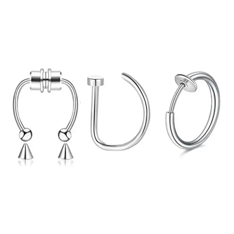 Magnetic Septum Nose Rings - 3Pcs Stainless Steel Clip-On Hoops - H8-3Pcs-Silvery