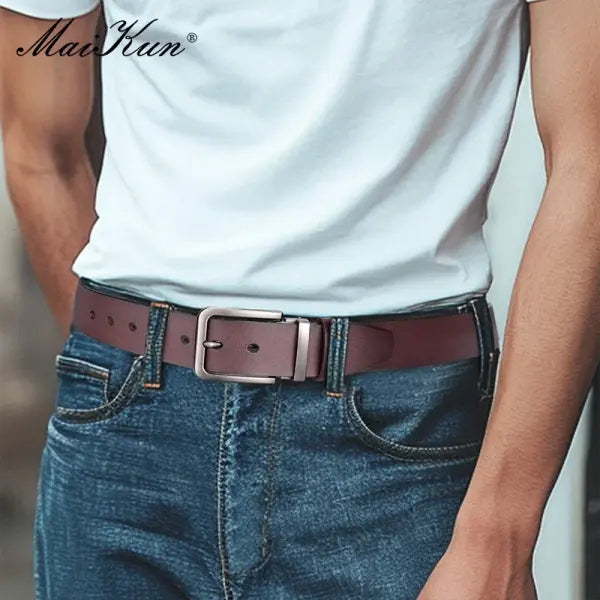 Maikun genuine leather men belt large size alloy pin buckle business suit