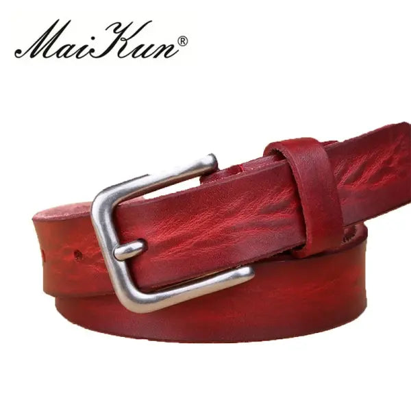 Genuine Leather Pin Buckle Belt Cowhide Cowboy Style - Red / 105cm